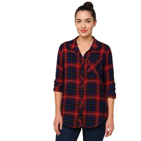 Beachlunchlounge Red Blue Plaid Pocket Western Grunge Button Down Shirt Size M - Picture 1 of 10